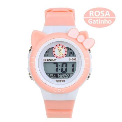 Relógio Infantil Rosa Gatinho Com Led – Digital, Resistente - Tudo Em Caixa