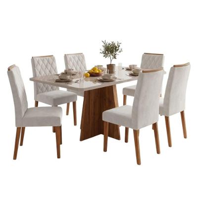 Conjunto Sala de Jantar Mesa Anjos 1,60m com Vidro 6 Cadeiras Bele Madeirado Bege Viero Móveis