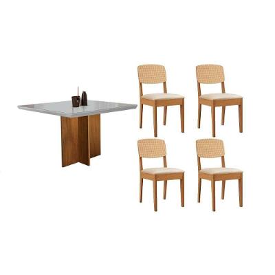 Conjunto de Jantar Berlim Curvo 4 Lugares Tampo em MDF e Vidro Suede Creme 90cm Móveis Rufato
