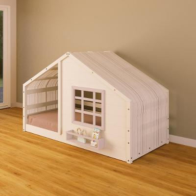 Cama Montessori Cama Montessoriano Casinha com Cortina Madeira Maciça Branco-rosa Housin