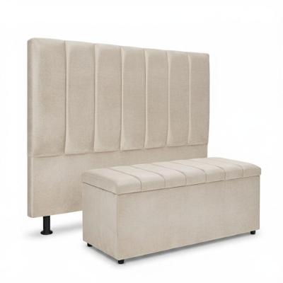 Kit Cabeceira e Calçadeira Baú Carla 140cm Casal Veludo Bege Claro Click Home