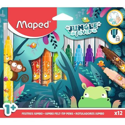 Canetas Hidrográficas Maped Jumbo Jungle Fever Ultra Laváveis com Ponta Grossa Segura 12 Unidades