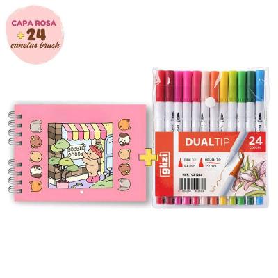 Caneta para Lettering OEM Dual Tip Brush Pen com 2 Pontas Fineliner Kit Caderno com 24 Cores Rosa