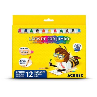 Lápis de Cor Jumbo Redondo 12 Cores + Apontador Acrilex Traço Macio Atóxico para Crianças