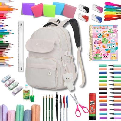 Kit Material Escolar Feminino Juvenil Completo OEM com Mochila Estojo e Caderno Bege