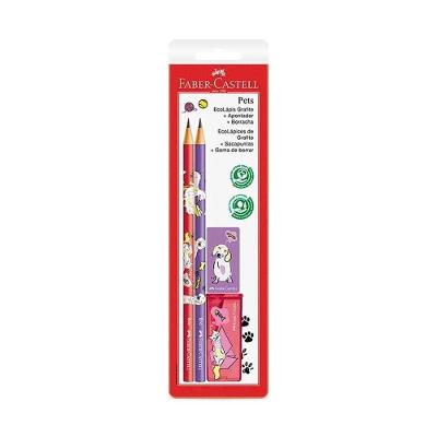 Kit Escolar Faber-Castell Pets Rosa e Roxo com 2 Lápis Pretos, Apontador e Borracha Rosa, Roxo