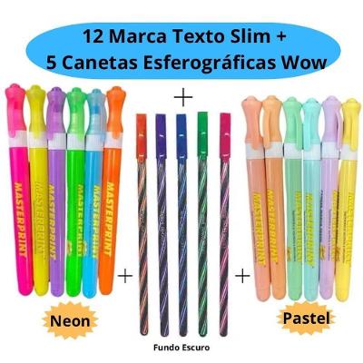 Kit Caneta Esferográfica e Marca-Texto OEM Masterprint Slim 0.7mm com 17 Unidades Pastel e Neon