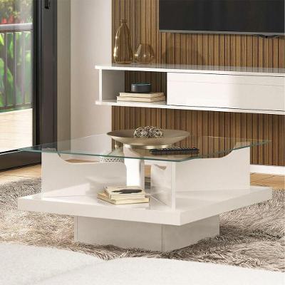 Mesa de Centro Clear Quadrada Vidro Temperado 6mm 70cm Off White Artely