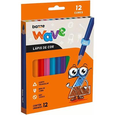 Lápis de Cor Bazze Wave Jumbo Triangular Ponta Resistente 4,0MM Ideal para Mãos Pequenas 12 Cores