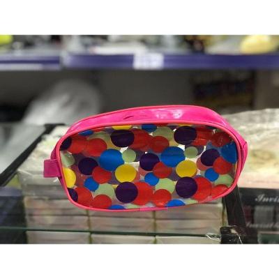 Estojo Escolar OEM Bolsinha Transparente em Polipropileno com Zíper 23x11x5 cm Rosa com Bolinhas