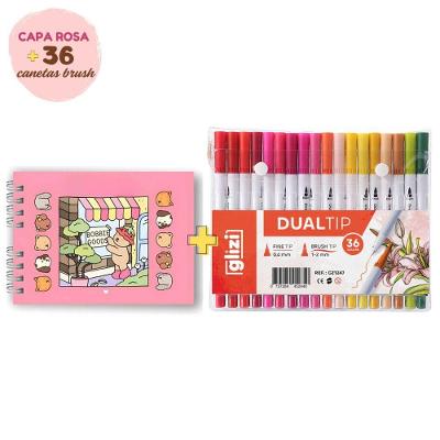 Caneta para Lettering OEM Dual Tip Brush Pen com 2 Pontas Kit Caderno e 36 Unidades Rosa