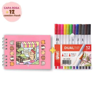 Caneta para Lettering OEM Dual Tip Brush Pen com 2 Pontas Flexível e Fineliner Kit Caderno Rosa 12