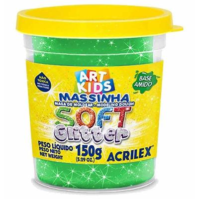 Massinha para Modelar Escolar Acrilex Soft com Glitter Pote 150G Não Gruda Nem Mancha Verde