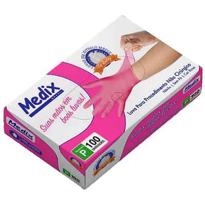 Luva Nitrílica Descartável Medix Modelo Nitrílica Rosa sem Pó Tamanho P Caixa com 100 Unidades
