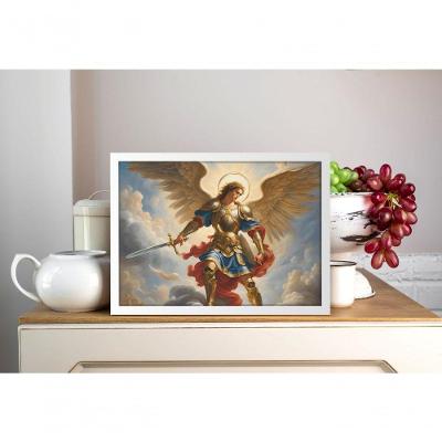 Quadro Religioso São Miguel Arcanjo em Vinil 70 X 50 Branco com Moldura Tipo Caixa Center Molduras