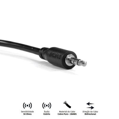 Cabo P2 3.5MM Macho Pcyes P35m-06 para Áudio Estéreo com 60CM AUX 28 AWG e Impedância 50 OHMS