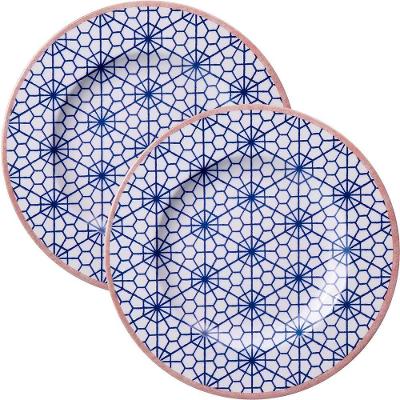 Jogo de Pratos de Sobremesa Abstratta 12 Peças Porcelana Azul e Branco com Estampa Abstrato