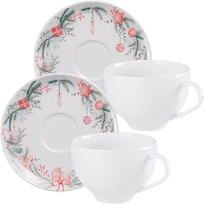 Kit Xícaras com Pires Noite Feliz em Porcelana Resistente a micro-ondas e lava-louças Branco