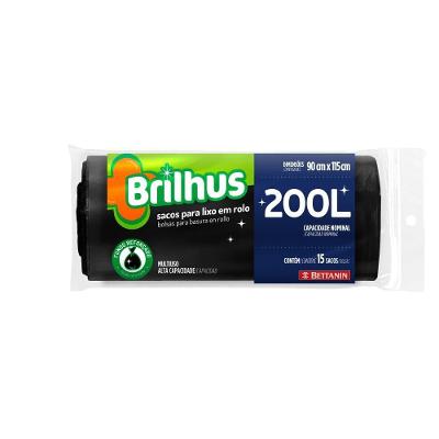 Saco de Lixo em Rolo Brilhus 200L Plástico Fundo Reforçado Preto 15 Unidades Bettanin