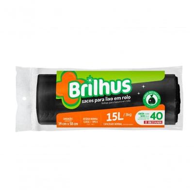 Saco de Lixo em Rolo Brilhus 15L Plástico Fundo Reforçado 60 Unidades Preto Bettanin