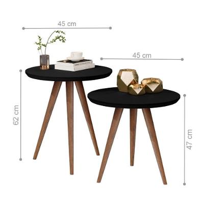 Mesa de Centro e Lateral Cadiz Redonda Tampo MDF Base Madeira 45CM Preto Casah
