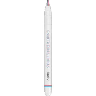 Caneta com Ponta Porosa Tilibra Lunix Duas Linhas com Duas Pontas de Poliéster Rosa e Azul-claro