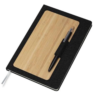 Caderno de Anotações Capa Dura em Bambu com Suporte para Caneta 80 Folhas Bege Preto