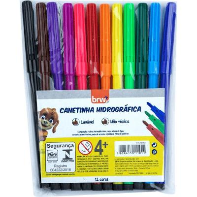 Canetinha Hidrográfica Escolar BRW Modelo 12 Cores com Ponta Resistente e Tinta de Qualidade