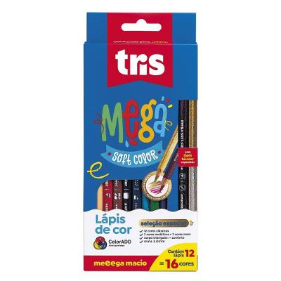 Lápis de Cor Tris Mega Soft Color Ponta Super Macia com 16 Cores Vibrantes em 12 Unidades