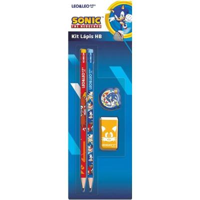 Kit Escolar Leonora Sonic C 4 Peças com Lápis HB Borracha e Apontador com Depósito Azul