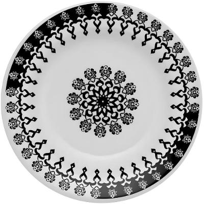 Prato de Sobremesa Folk em Cerâmica 18CM Preto, Branco com Design Estampado Diferenciado