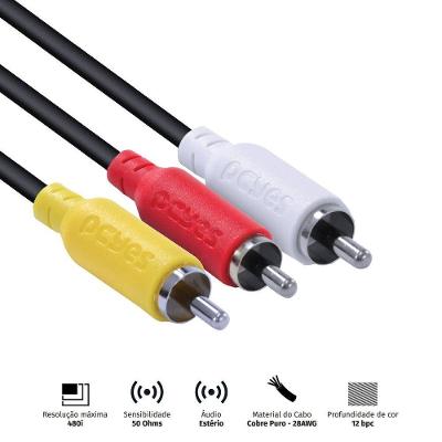Cabo de Vídeo Pcyes P3R-2 com 3 RCA m X 3 RCA m para Conexão de Equipamentos Diversos 2 METROS