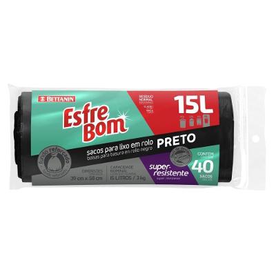 Saco de Lixo em Rolo BT330 Plástico Fundo Reforçado 15L 40 Unidades Preto Bettanin