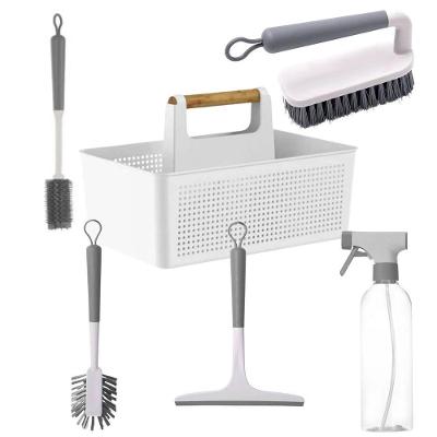 Kit Limpeza para Lavanderia Multiuso 6 Peças com Organizador, Escovas, Rodo, Borrifador Branco Ou