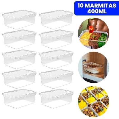 Kit 10 Potes Fit 400ml Retangular com Tampa 4 Travas Livre de Bpa para Freezer e Micro-ondas OEM