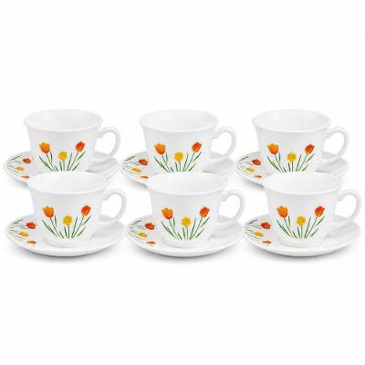 Jogo Xícara Chá Pires Tulipa Garden 12 Peças 220ml Vidro Branco Floral Carisma