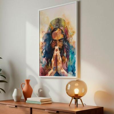 Quadro Decorativo a Prece de Cristo Retangular 40x60CM em MDF com Moldura Madeira Maciça Branca