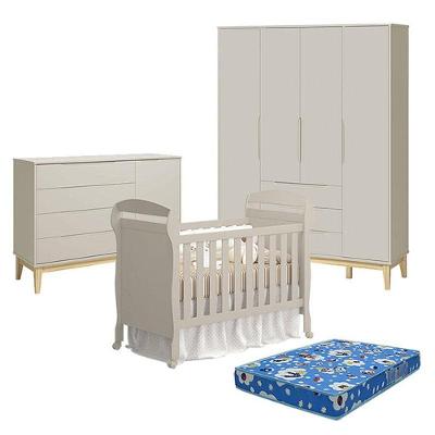 Quarto de Bebê Elfe Classic 4 Portas 3 Gavetas MDF 120CM Areia Natural com Berço e Colchão Ortobom Reller Móveis