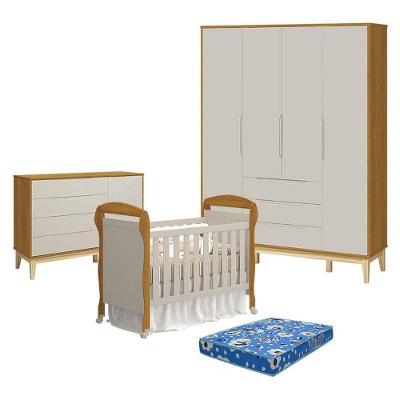 Quarto de Bebê Elfe Classic 4 Portas 3 Gavetas MDF TAMANHO 120cm Amadeirado com Berço e Colchão
