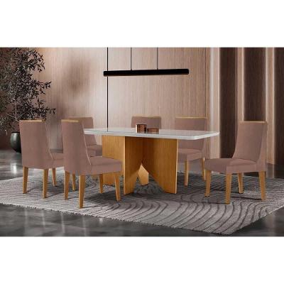 Sala de Jantar Nevada Curvo 6 Lugares Tampo MDF Cadeiras Estofadas Linho Capuccino 180CM Móveis