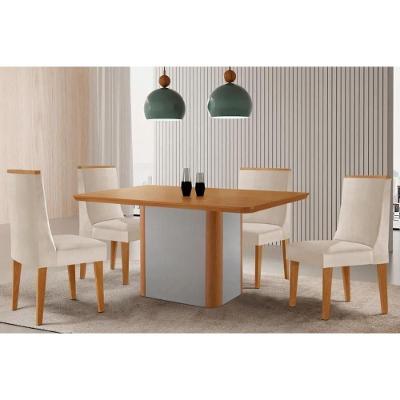 Sala de Jantar Pietá + Dakota 4 Lugares Tampo MDF Canto Curvo 120CM Amadeirado e Off White Móveis