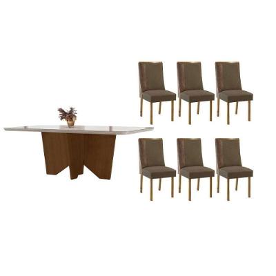 Sala de Jantar Nevada Curvo 6 Lugares Tampo MDF Cadeiras Suede Off White 180CM Móveis Rufato