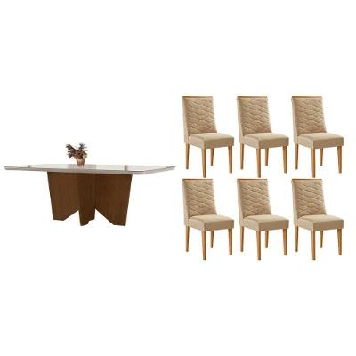 Sala de Jantar Nevada Curvo 6 Lugares Tampo MDF com Vidro e Cadeiras Maldivas 180CM Móveis Rufato