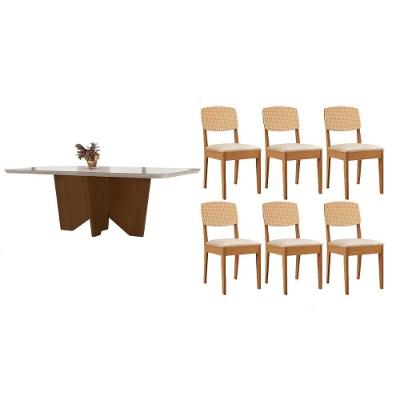 Sala de Jantar Nevada Curvo 6 Lugares Tampo MDF com Bordas Arredondadas Amadeirado e Off White 180CM