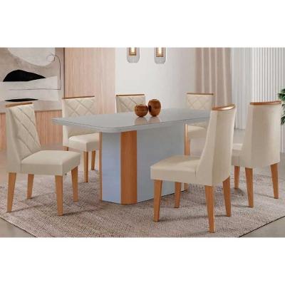 Sala de Jantar Pietá 6 Lugares Tampo MDF com Design Curvo Off White e Natural 180CM Móveis Rufato