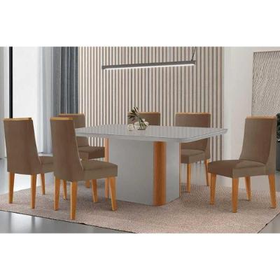 Sala de Jantar Pietá 6 Lugares Tampo MDF com Cadeiras Suede Off White 180CM Móveis Rufato