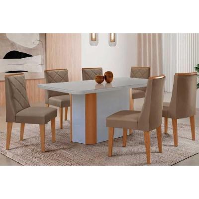 Sala de Jantar Pietá 6 Lugares Tampo MDF com Design Curvo Off White e Capuccino 180CM Móveis Rufato