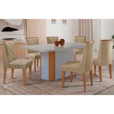 Sala de Jantar Pietá 6 Lugares Tampo MDF com Design Curvo Off White e Naturale 180CM Móveis Rufato