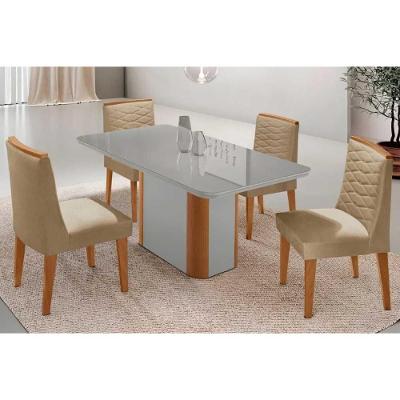Sala de Jantar Pietá Curvo 4 Lugares Tampo MDF Bordas Arredondadas Off White-Naturale 120CM Móveis