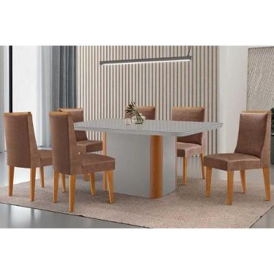 Sala de Jantar Pietá Curvo 6 Lugares Tampo MDF Cadeiras Estofadas Off White 180CM Móveis Rufato